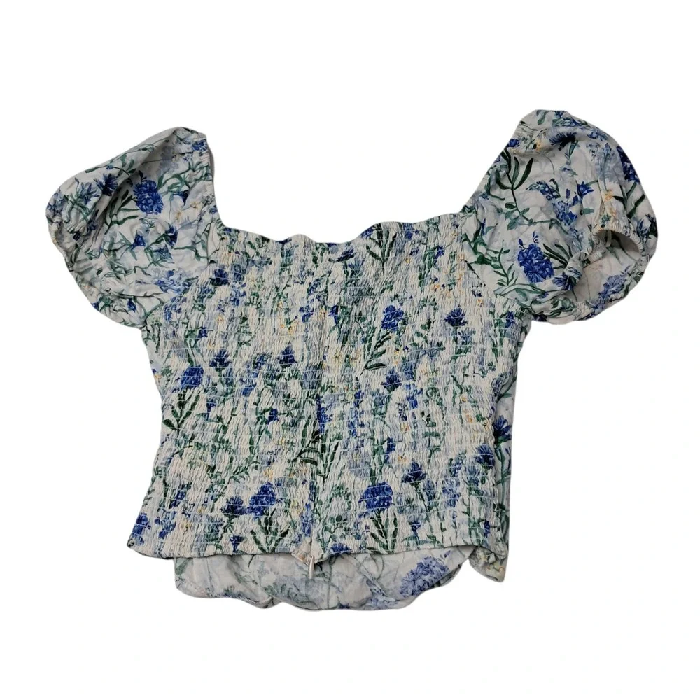 ASTR The Label Top Women's Large Blue Floral Puff Sleeve Smocked Linen Cottage
